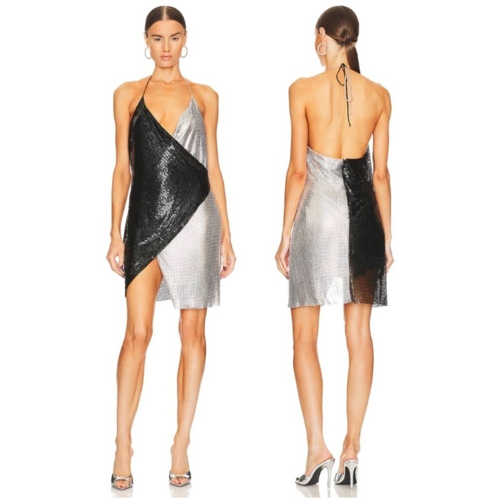 NEW Alice + Olivia Ally Chainmail Wrap Mini Dress in Black/Silver Sz 14
